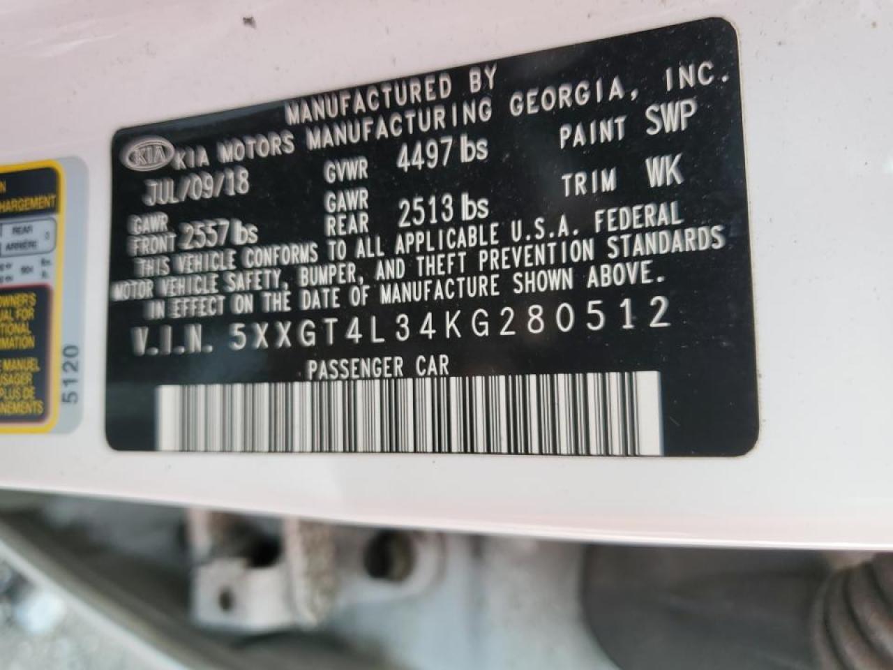 2019 Kia Optima Lx VIN: 5XXGT4L34KG280512 Lot: 84185675