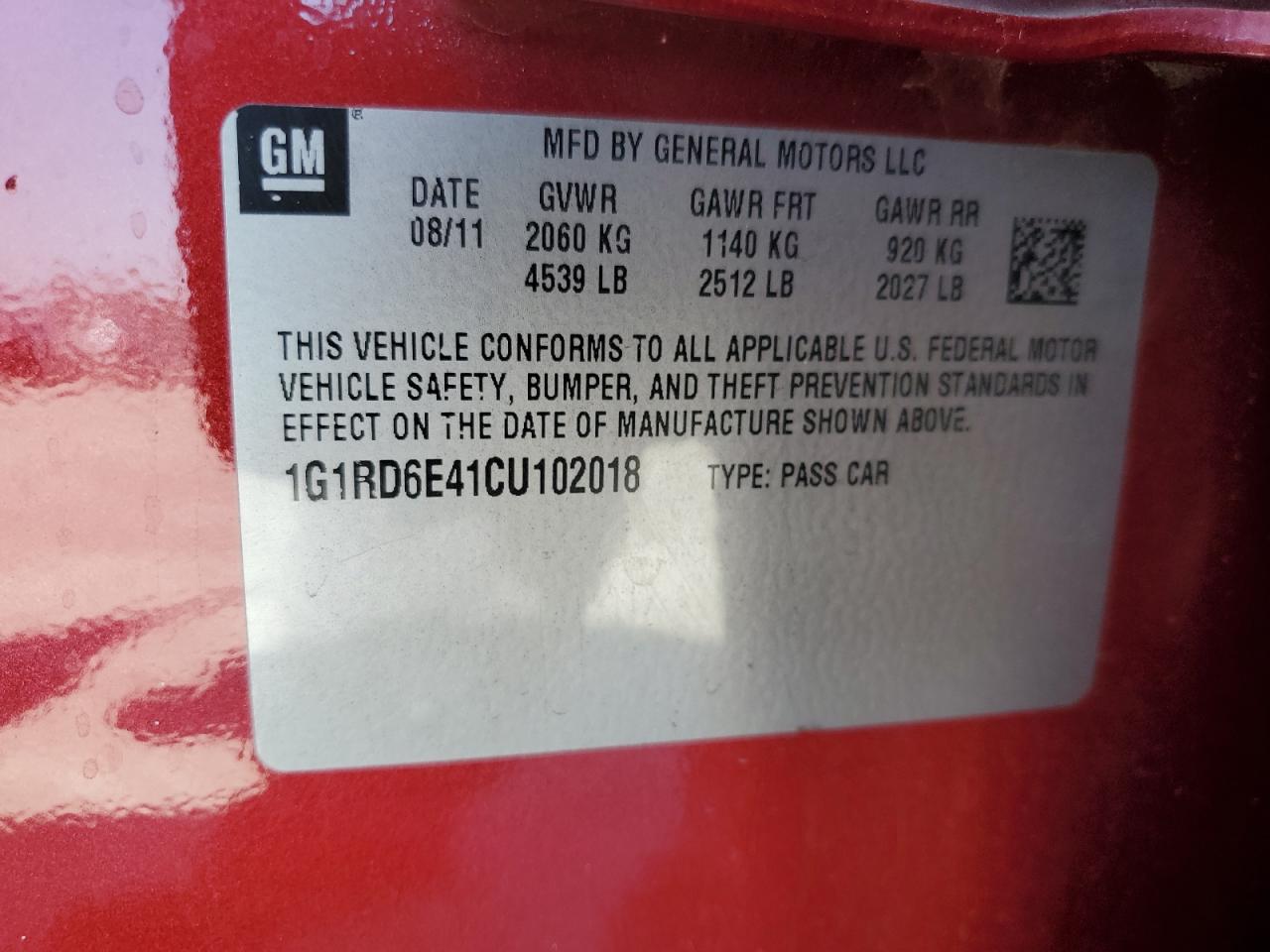 2012 Chevrolet Volt VIN: 1G1RD6E41CU102018 Lot: 80206685
