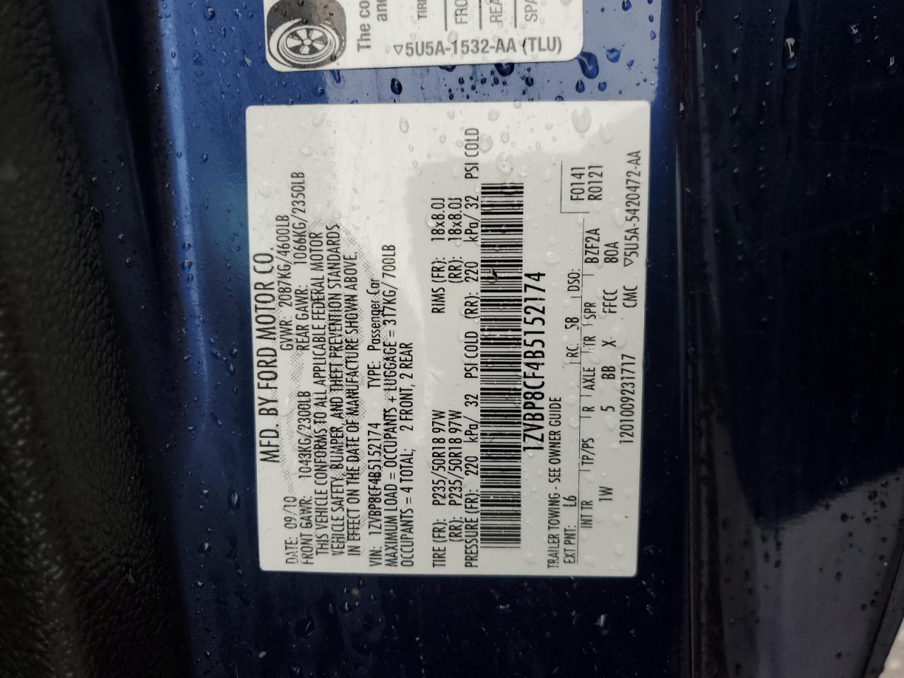 2011 Ford Mustang Gt VIN: 1ZVBP8CF4B5152174 Lot: 82041335