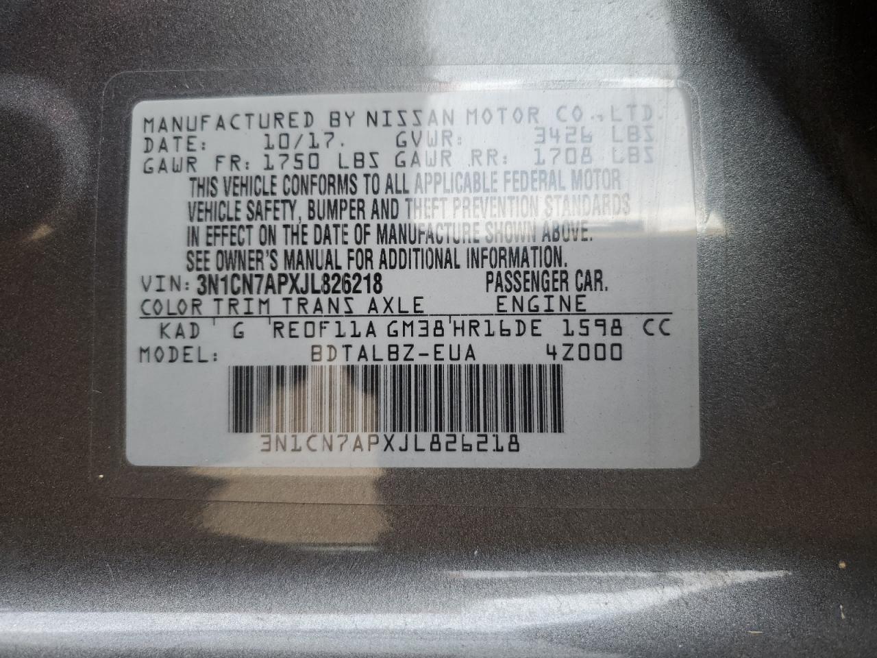 2018 Nissan Versa S VIN: 3N1CN7APXJL826218 Lot: 81431885