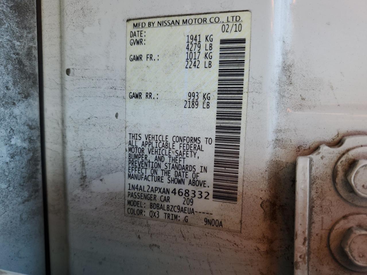 2010 Nissan Altima Base VIN: 1N4AL2APXAN468332 Lot: 80695425