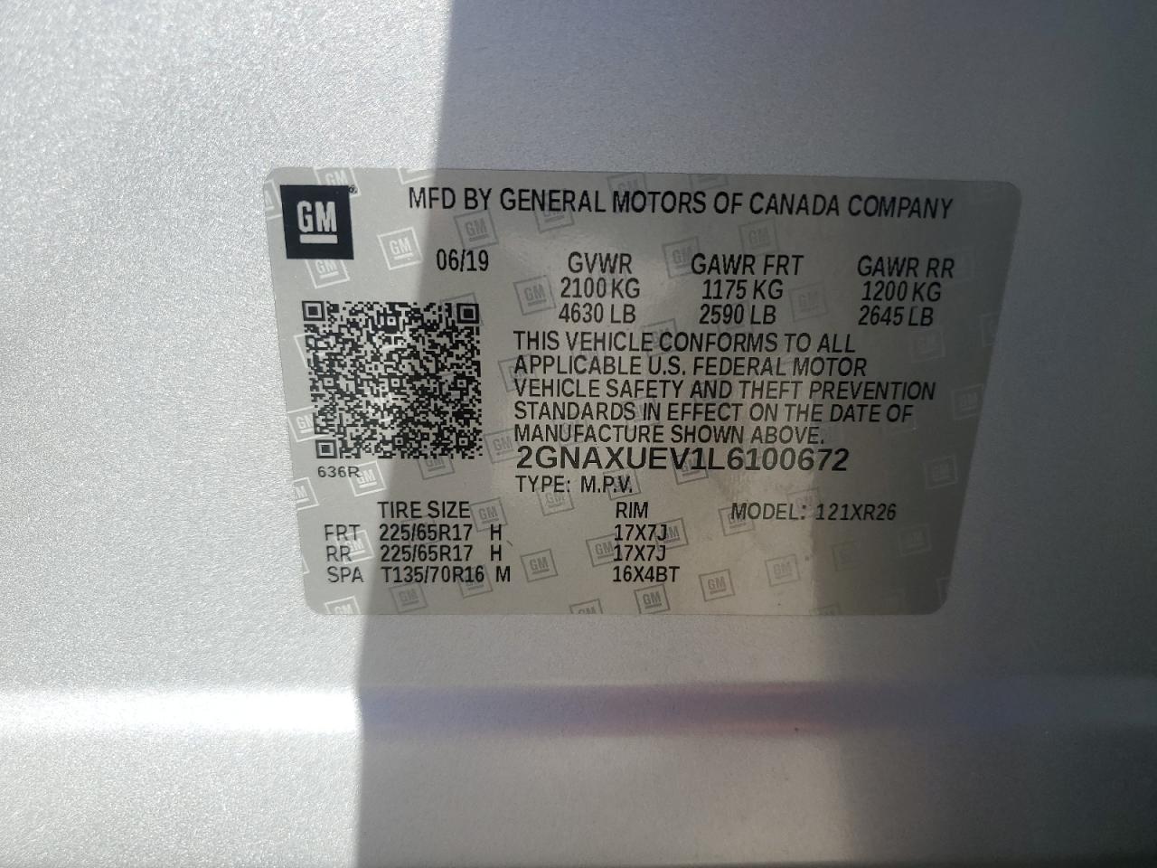 2020 Chevrolet Equinox Lt VIN: 2GNAXUEV1L6100672 Lot: 81429255