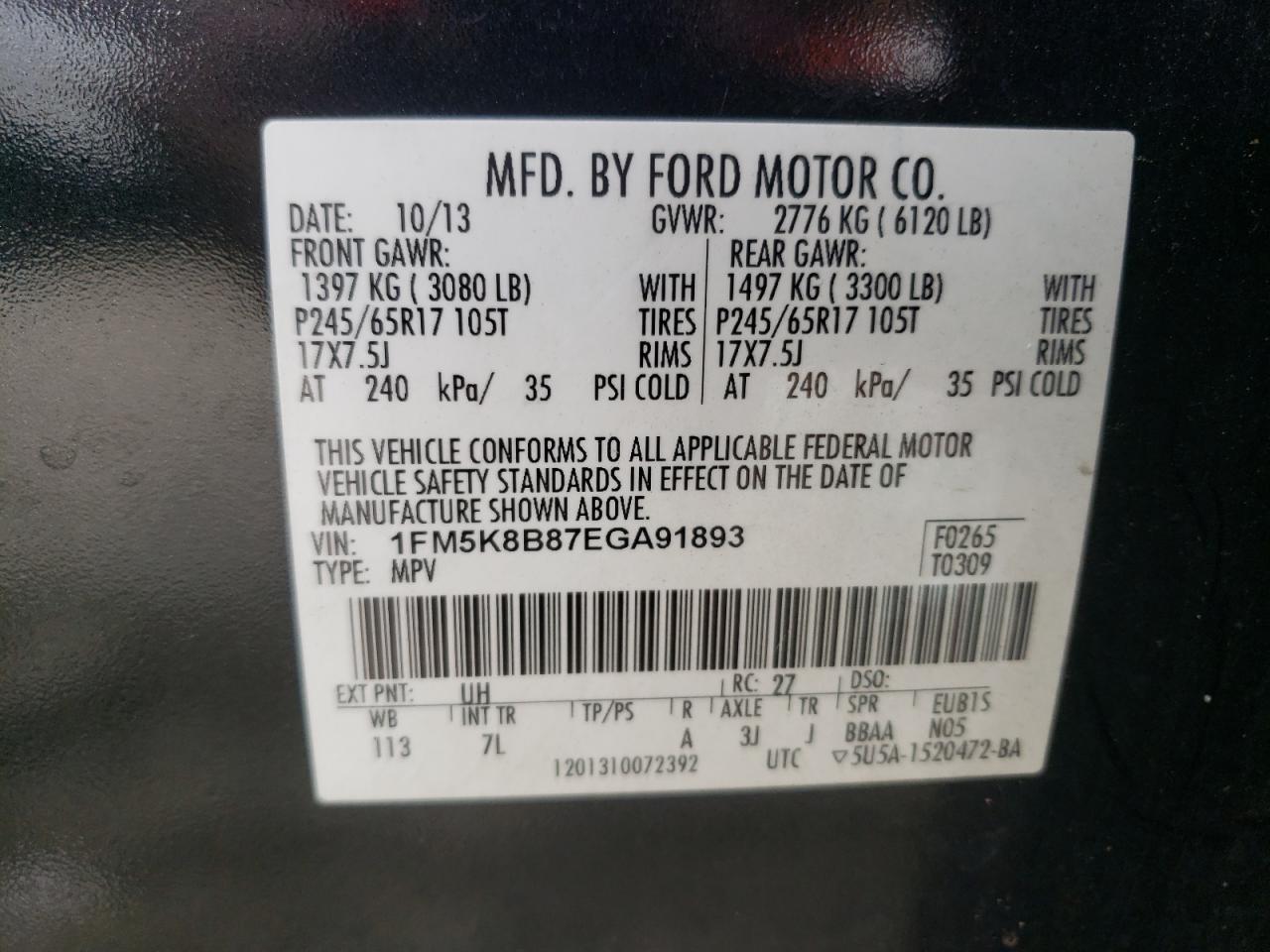 2014 Ford Explorer VIN: 1FM5K8B87EGA91893 Lot: 71877765