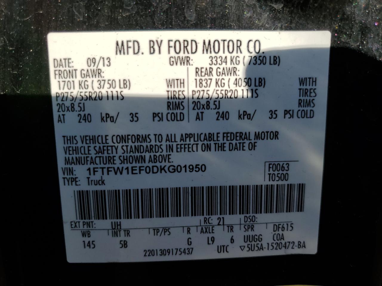 2013 Ford F150 Supercrew VIN: 1FTFW1EF0DKG01950 Lot: 83990425