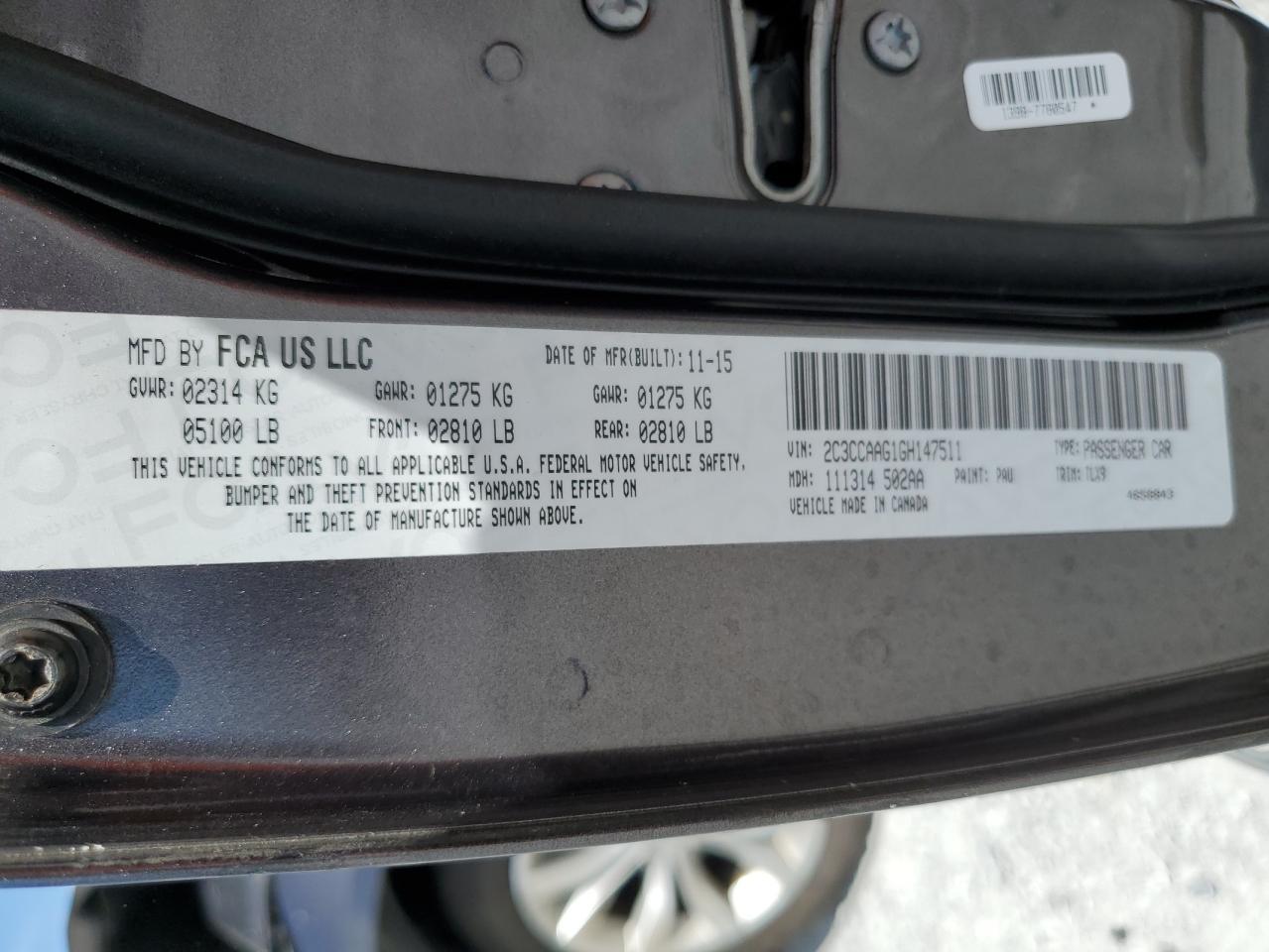 2016 Chrysler 300 Limited VIN: 2C3CCAAG1GH147511 Lot: 80960635