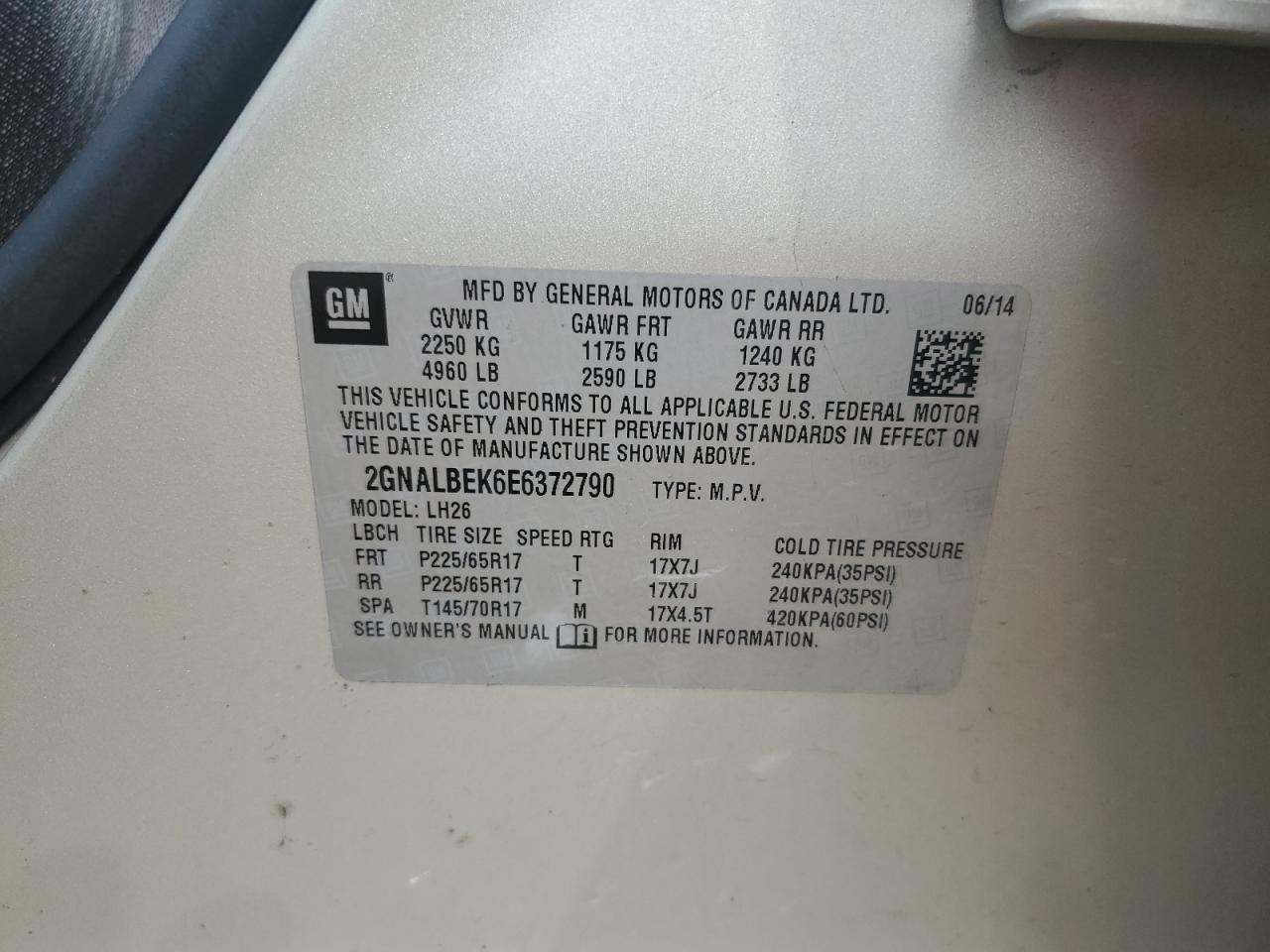 2014 Chevrolet Equinox Lt VIN: 2GNALBEK6E6372790 Lot: 83835945