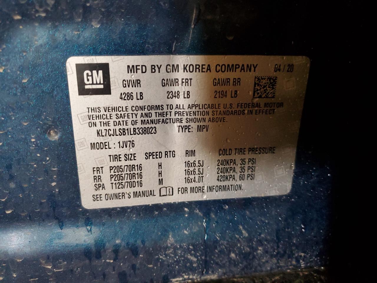 2020 Chevrolet Trax 1Lt VIN: KL7CJLSB1LB338023 Lot: 80556015