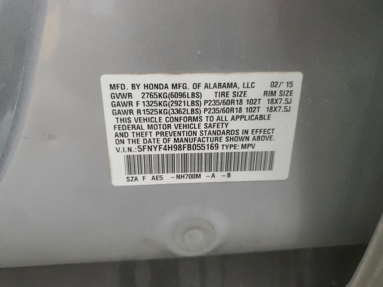 2015 Honda Pilot Touring VIN: 5FNYF4H98FB055169 Lot: 80075885