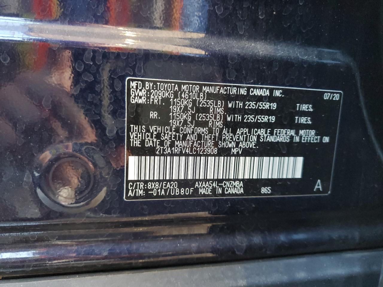 2020 Toyota Rav4 Xle Premium VIN: 2T3A1RFV4LC123908 Lot: 81759395