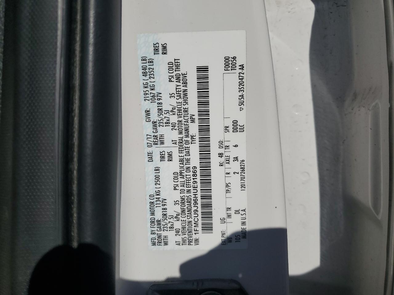 2017 Ford Escape Titanium VIN: 1FMCU9J96HUE91869 Lot: 80744795