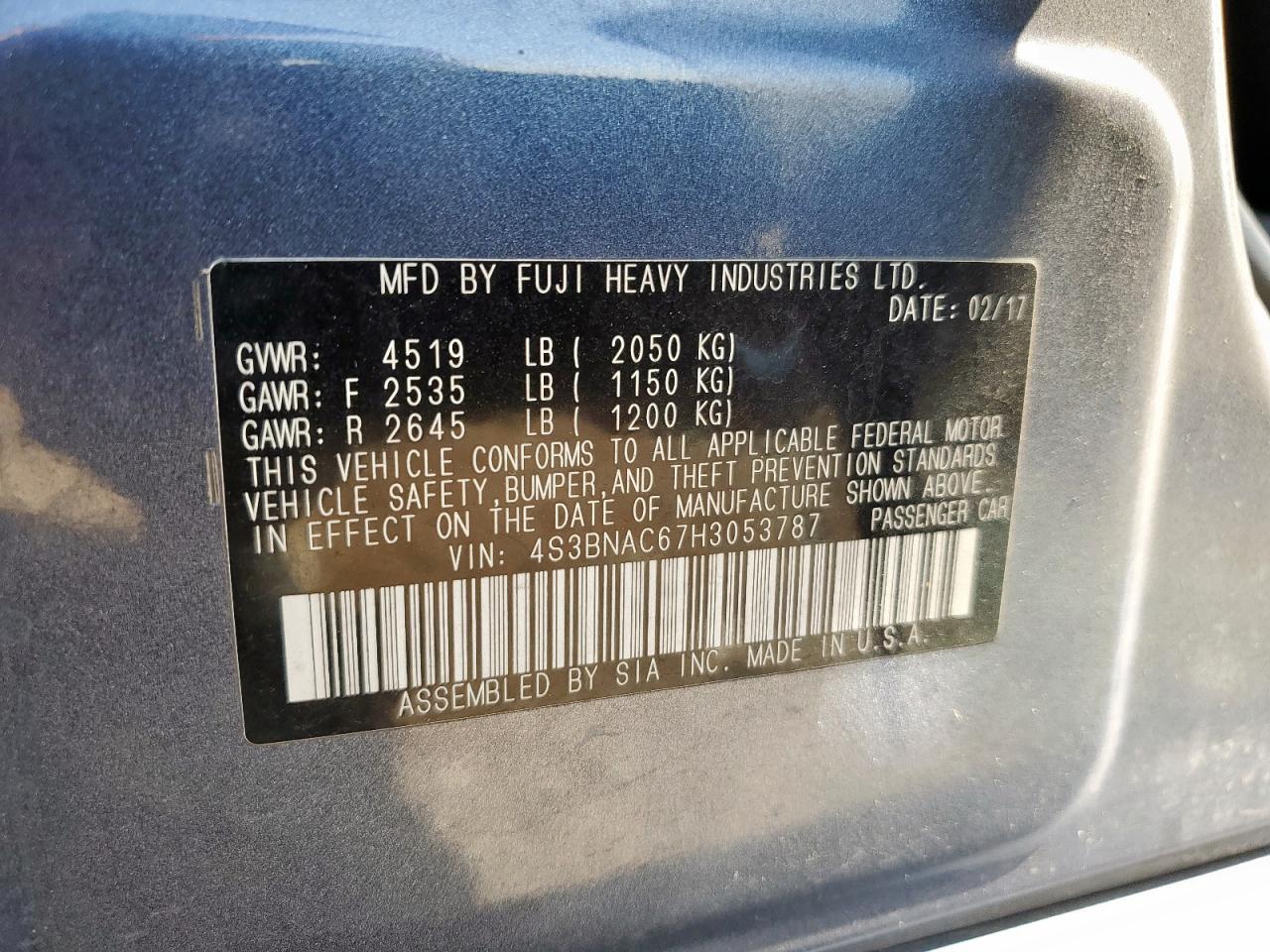 2017 Subaru Legacy 2.5I Premium VIN: 4S3BNAC67H3053787 Lot: 80096295