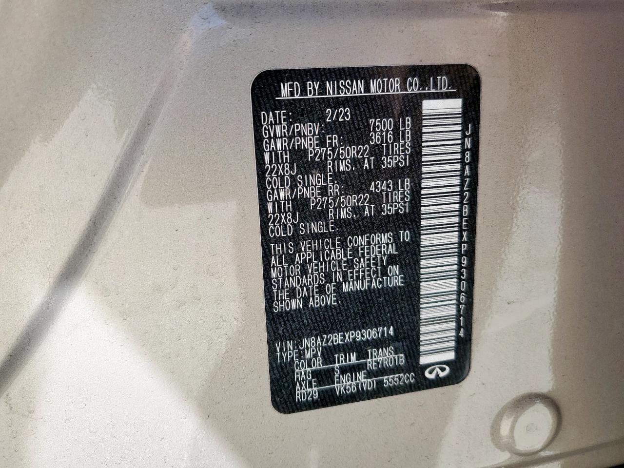 2023 Infiniti Qx80 Sensory VIN: JN8AZ2BEXP9306714 Lot: 71365795