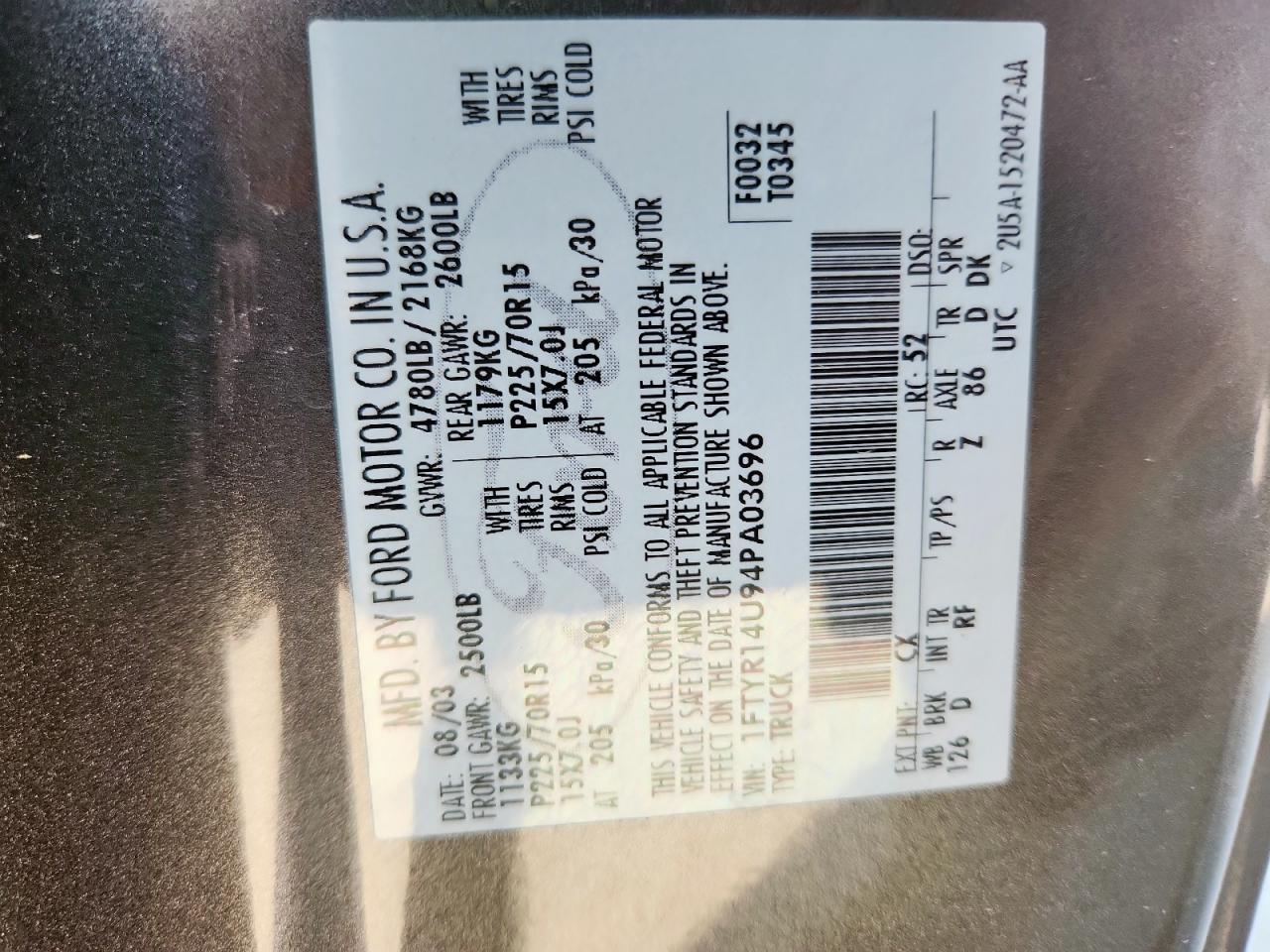 2004 Ford Ranger Super Cab VIN: 1FTYR14U94PA03696 Lot: 80136505