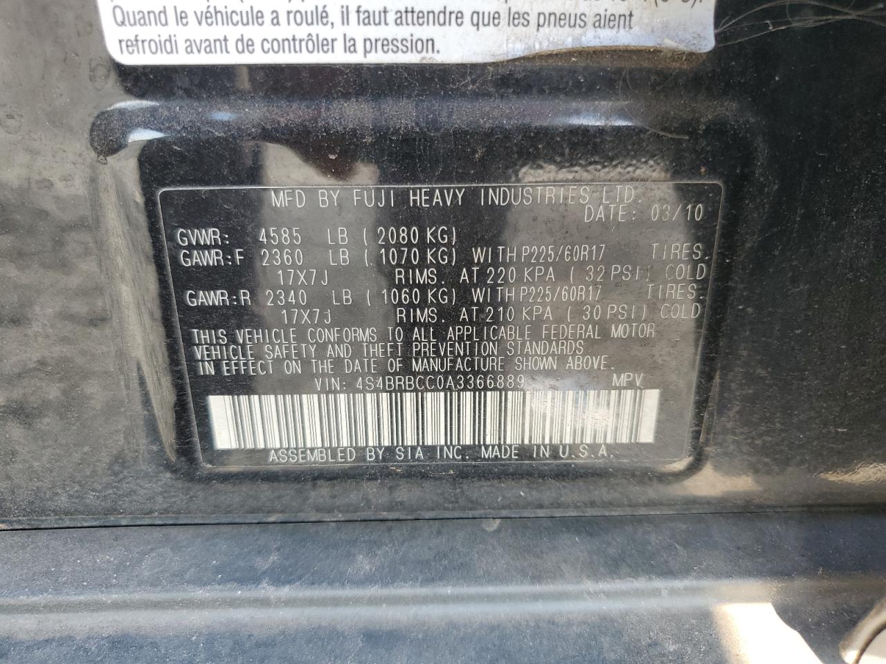 2010 Subaru Outback 2.5I Premium VIN: 4S4BRBCC0A3366889 Lot: 83996335