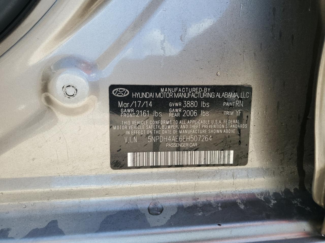 2014 Hyundai Elantra Se VIN: 5NPDH4AE6EH507264 Lot: 80633675