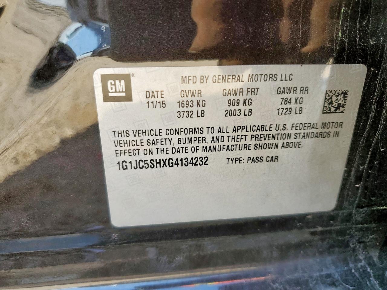 2016 Chevrolet Sonic Lt VIN: 1G1JC5SHXG4134232 Lot: 80779775