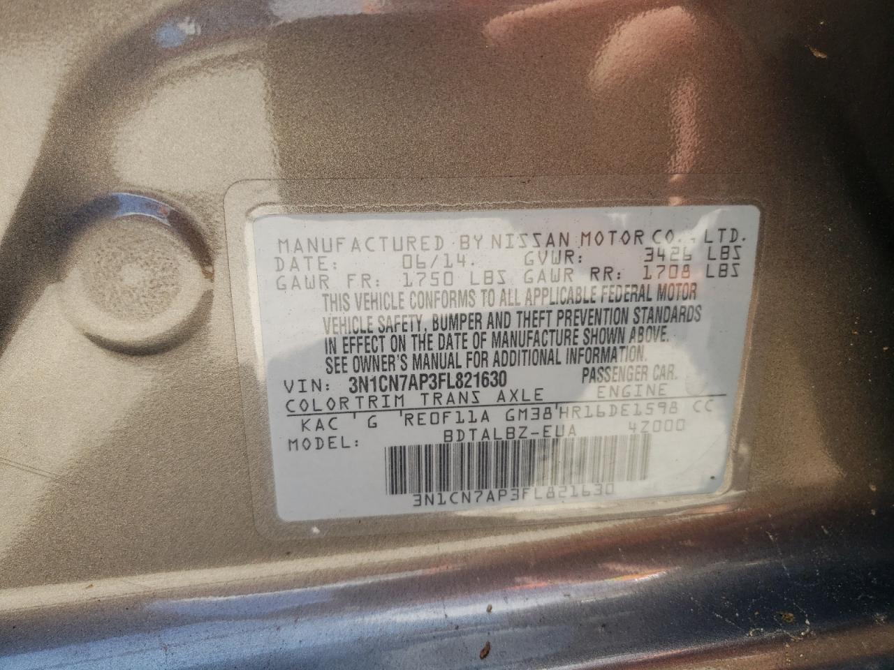 2015 Nissan Versa S VIN: 3N1CN7AP3FL821630 Lot: 80276385