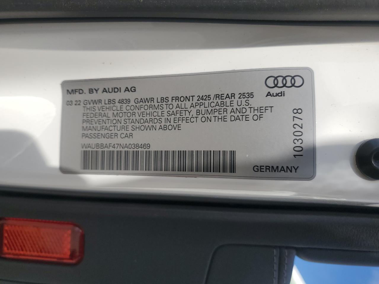 2022 Audi A4 Premium Plus 40 VIN: WAUBBAF47NA038469 Lot: 81772365
