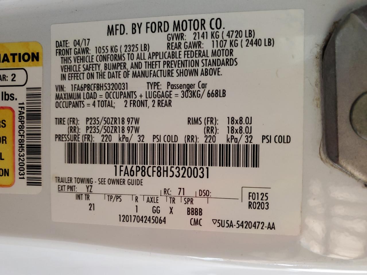 2017 Ford Mustang Gt VIN: 1FA6P8CF8H5320031 Lot: 84209545