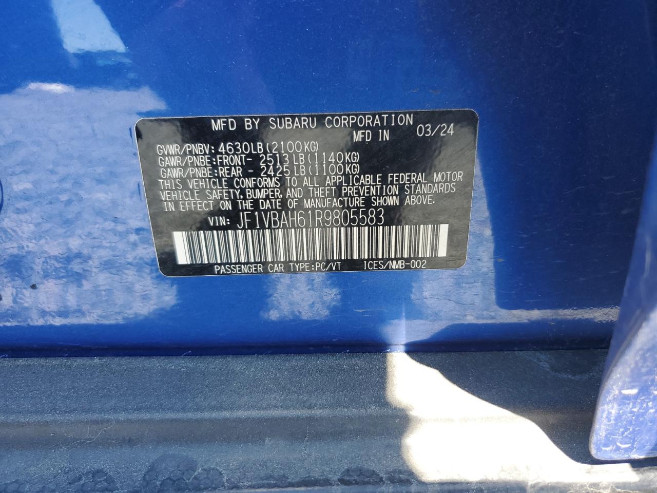 2024 Subaru Wrx Premium VIN: JF1VBAH61R9805583 Lot: 72042575