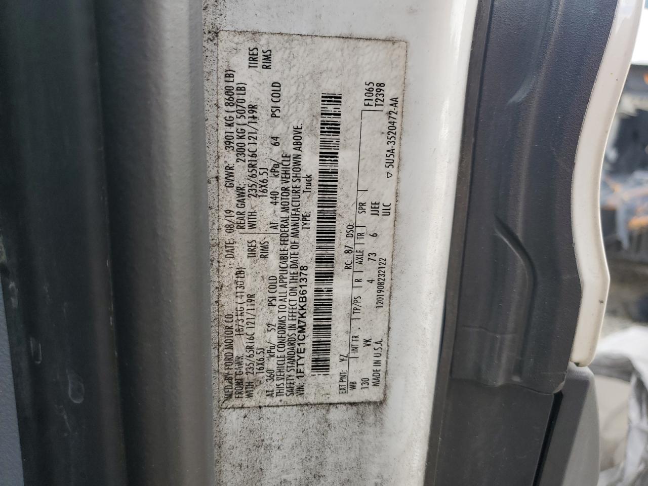 2019 Ford Transit T-150 VIN: 1FTYE1CM7KKB61378 Lot: 80560075