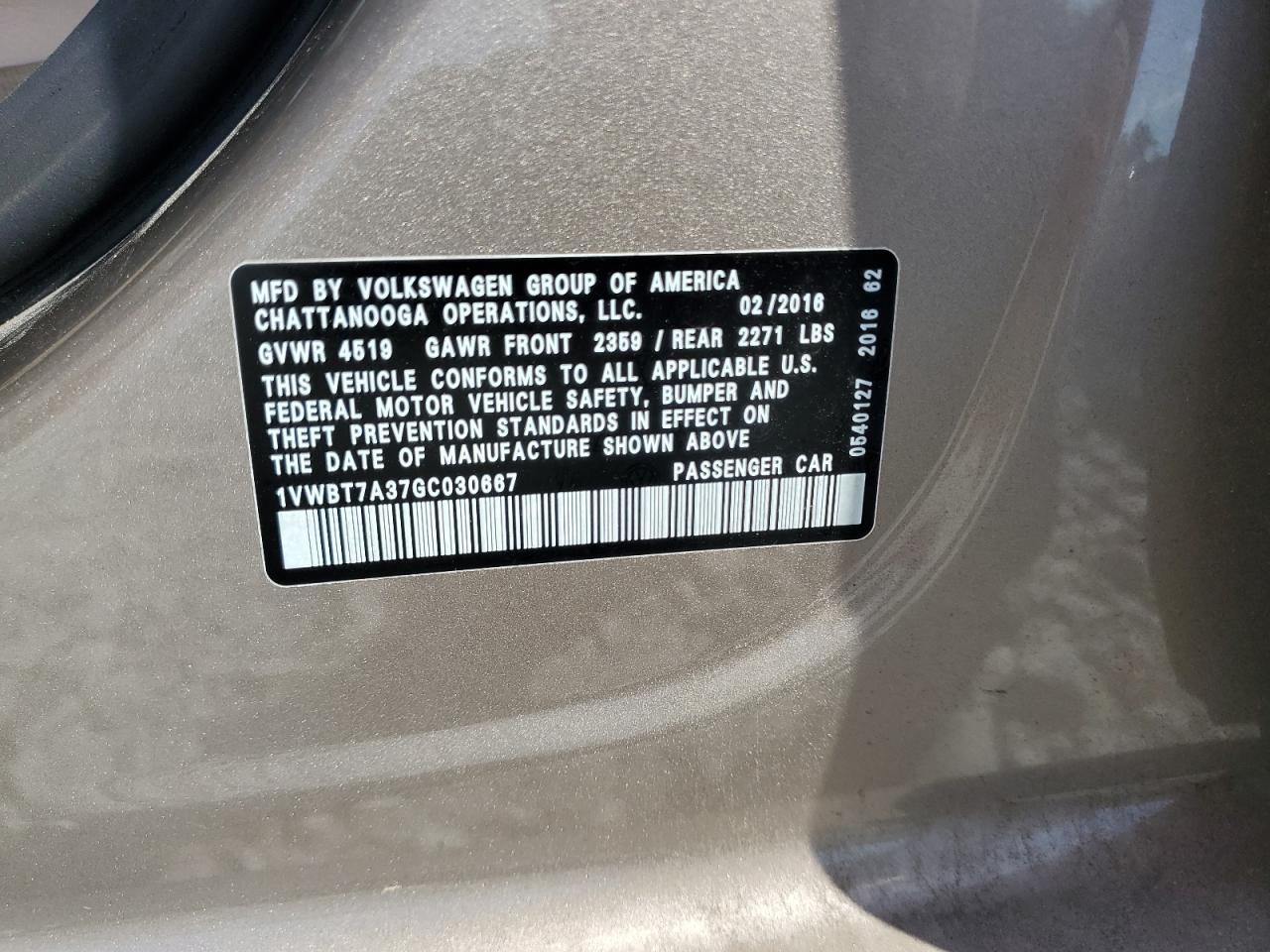 2016 Volkswagen Passat Se VIN: 1VWBT7A37GC030667 Lot: 81650635