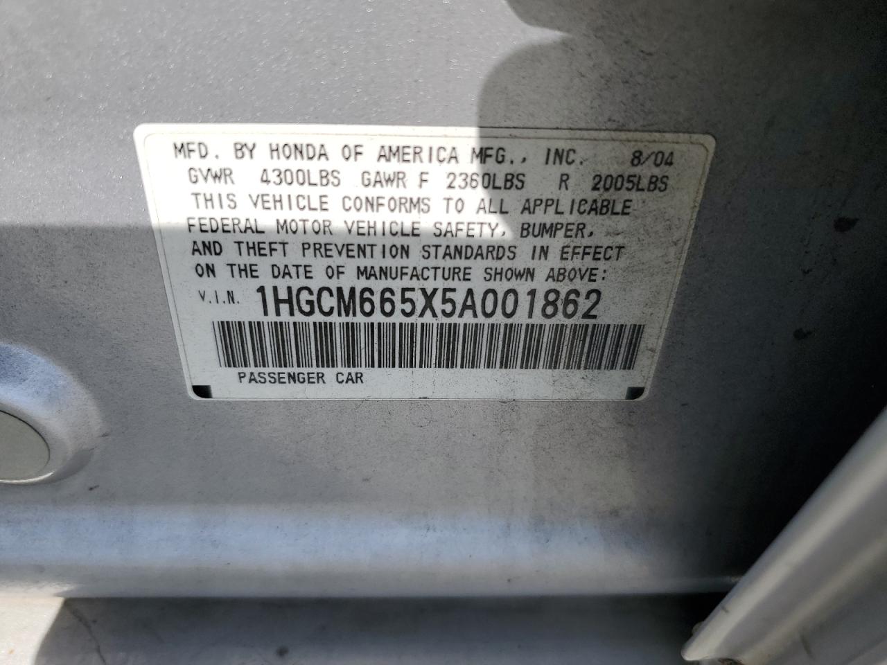 2005 Honda Accord Ex VIN: 1HGCM665X5A001862 Lot: 72028415