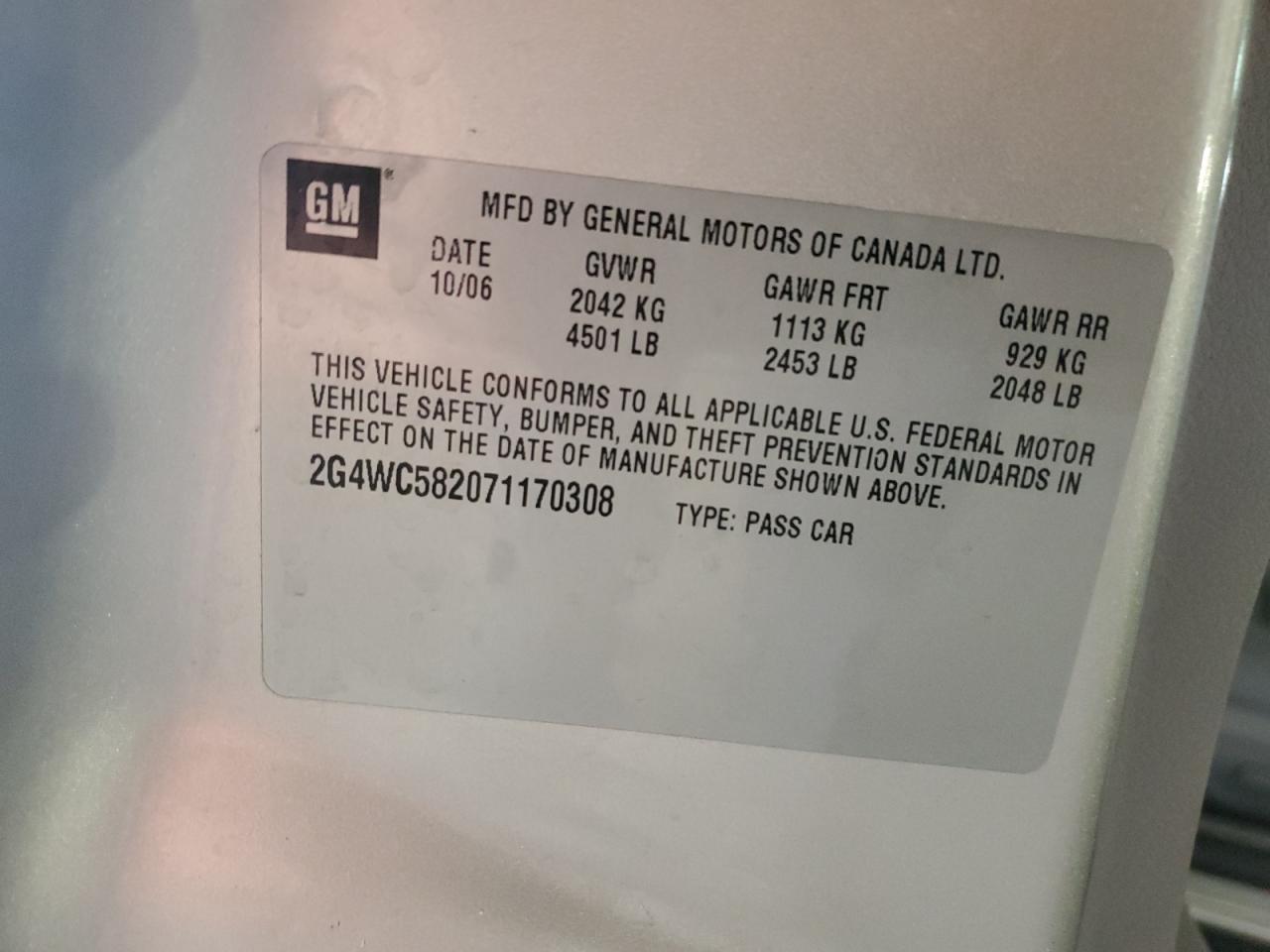 2007 Buick Lacrosse Cx VIN: 2G4WC582071170308 Lot: 71992095