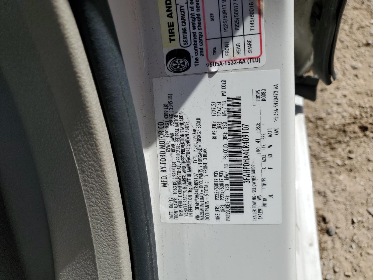 2012 Ford Fusion Se VIN: 3FAHP0HA4CR409107 Lot: 82127325