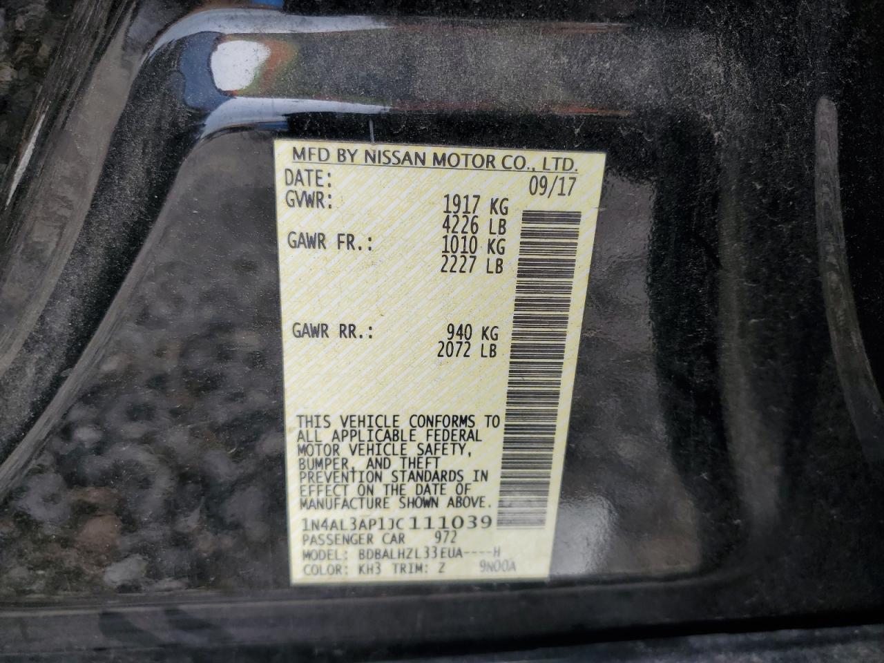 2018 Nissan Altima 2.5 VIN: 1N4AL3AP1JC111039 Lot: 84221325