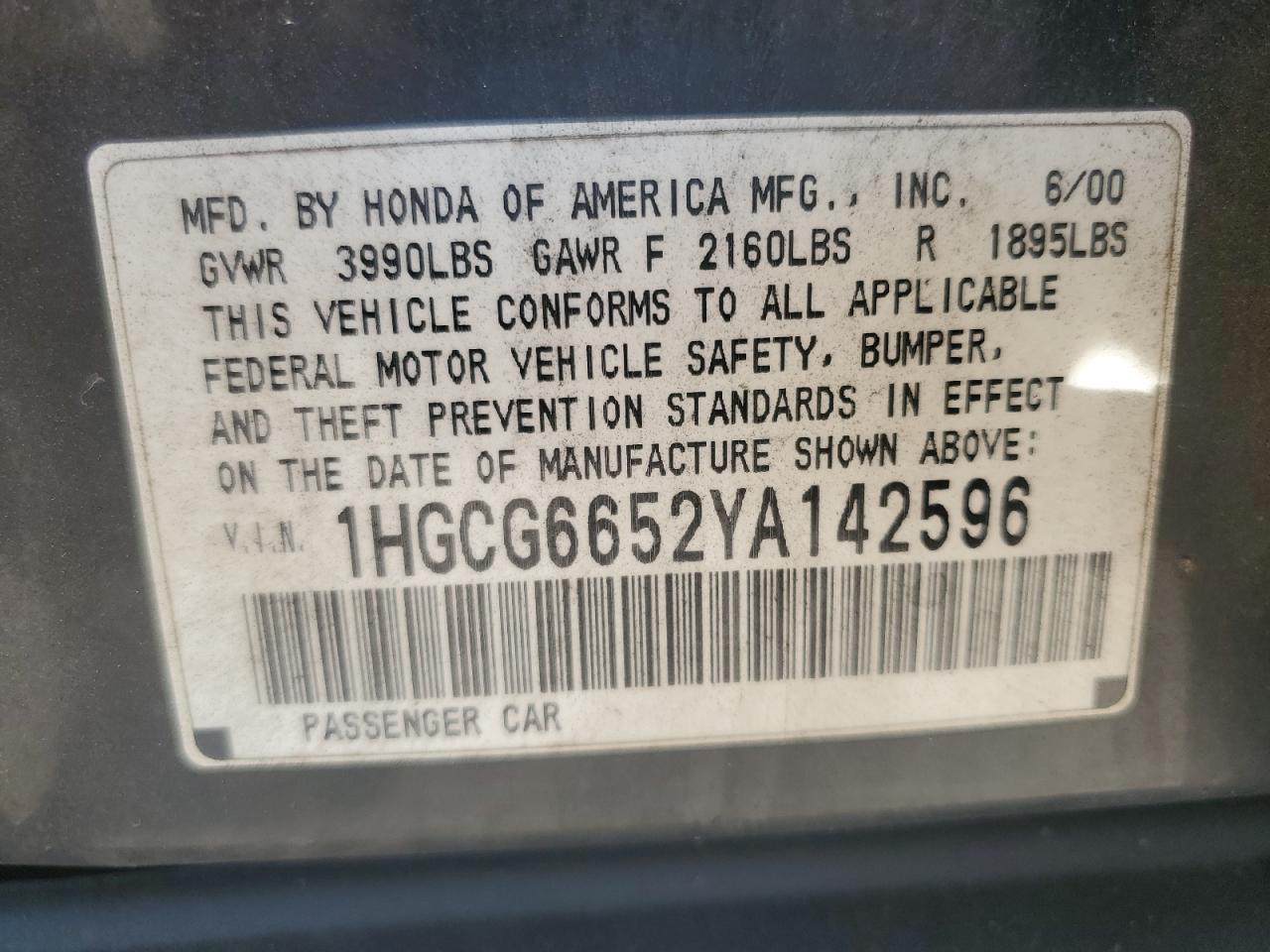 2000 Honda Accord Lx VIN: 1HGCG6652YA142596 Lot: 80483945