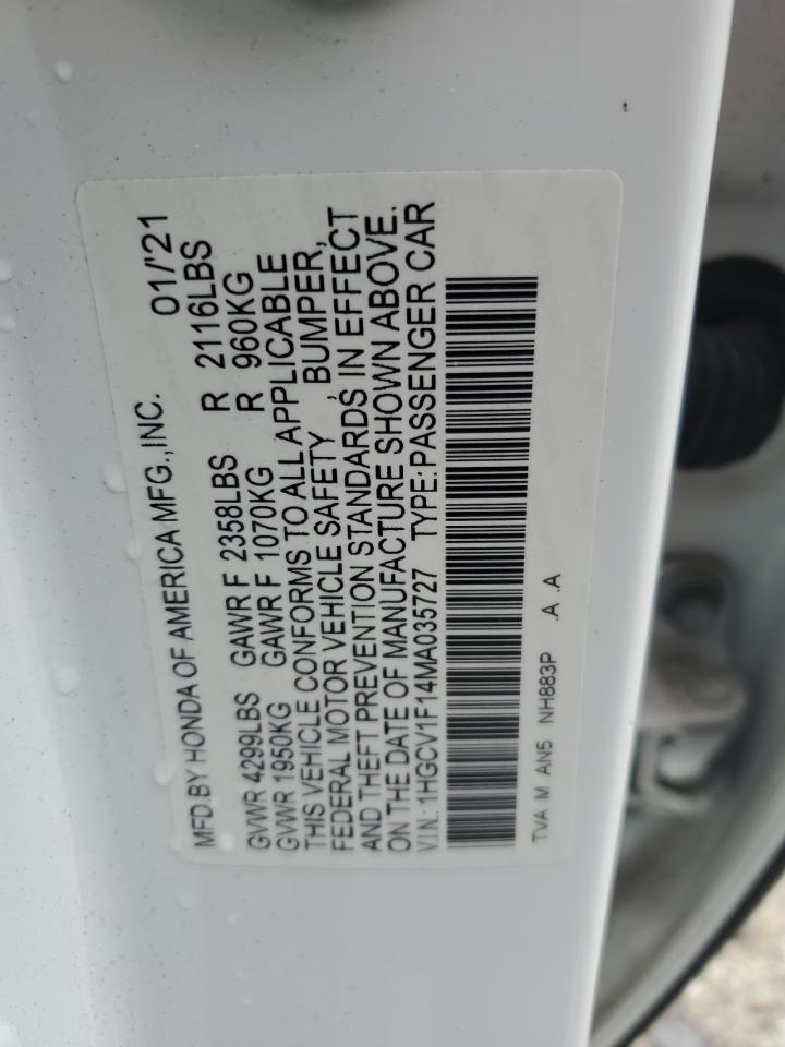 2021 Honda Accord Lx VIN: 1HGCV1F14MA035727 Lot: 83836075