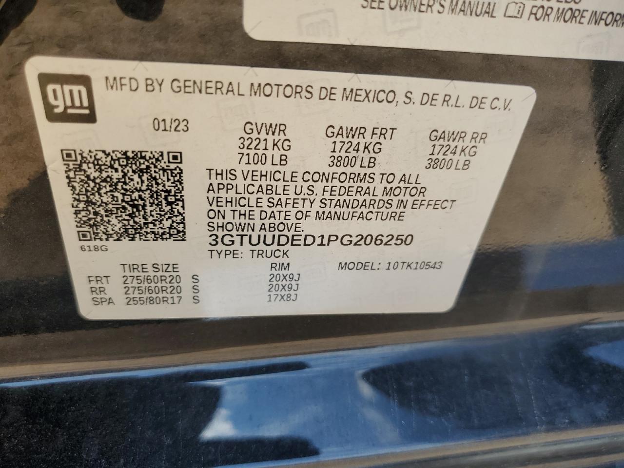 2023 GMC Sierra K1500 Slt VIN: 3GTUUDED1PG206250 Lot: 71008505