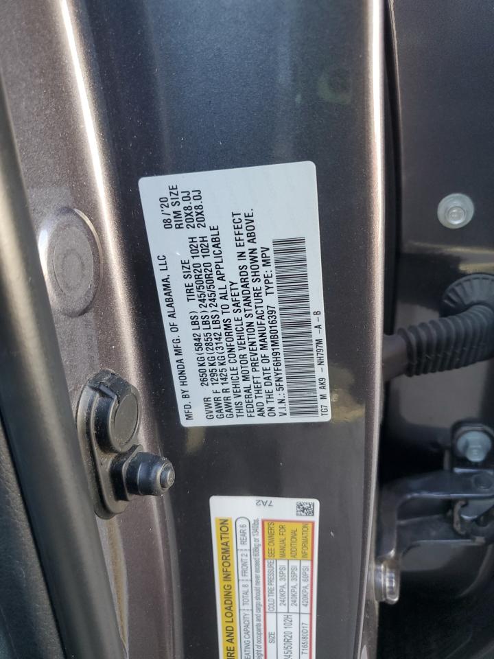 2021 Honda Pilot Touring VIN: 5FNYF6H91MB016397 Lot: 81213645