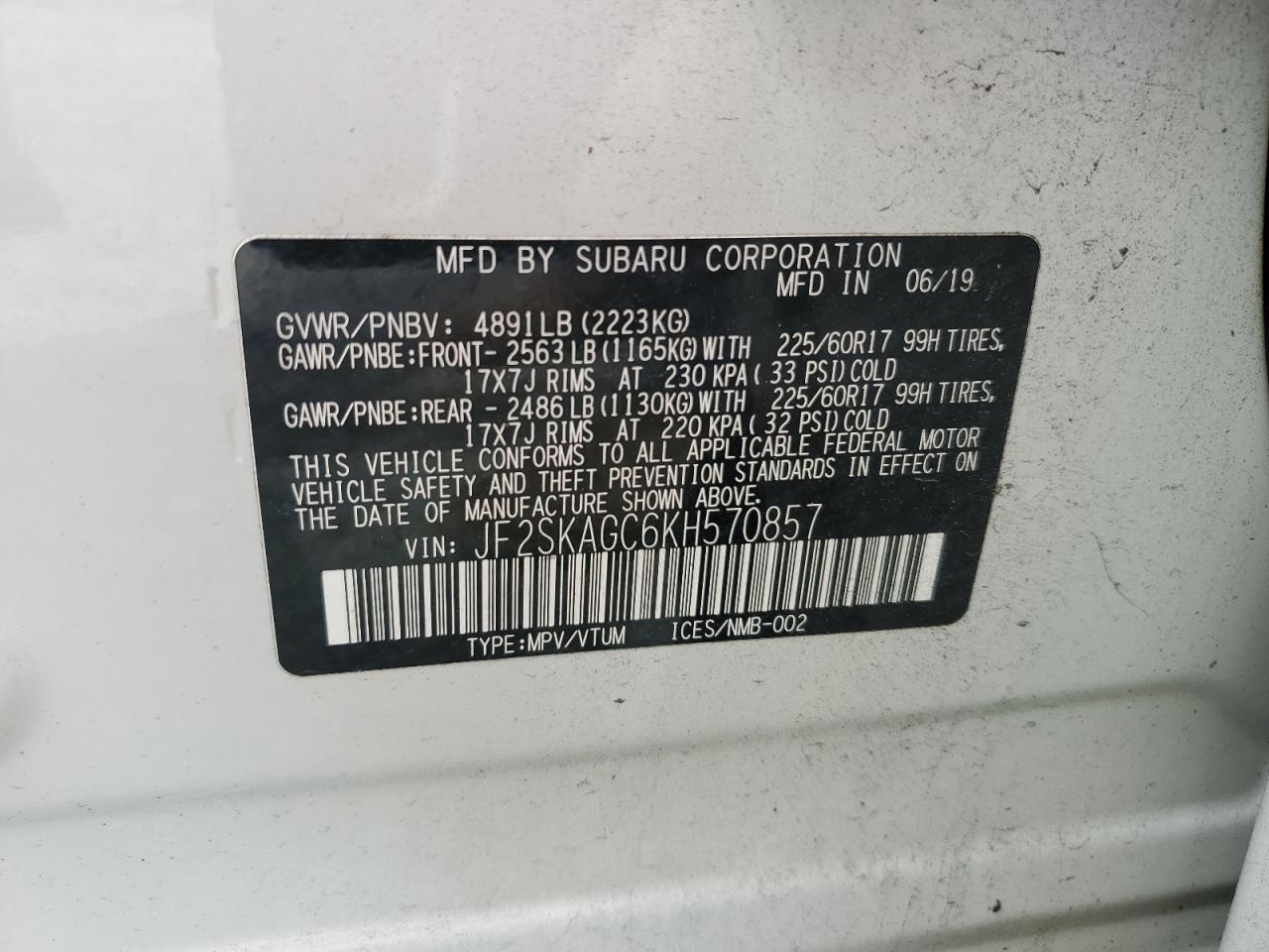 2019 Subaru Forester Premium VIN: JF2SKAGC6KH570857 Lot: 83856935