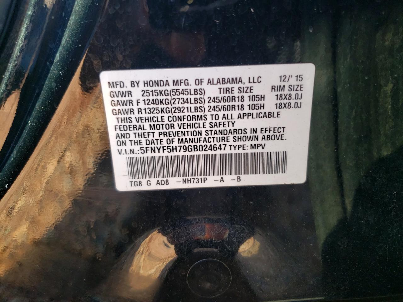 2016 Honda Pilot Exln VIN: 5FNYF5H79GB024647 Lot: 71684335