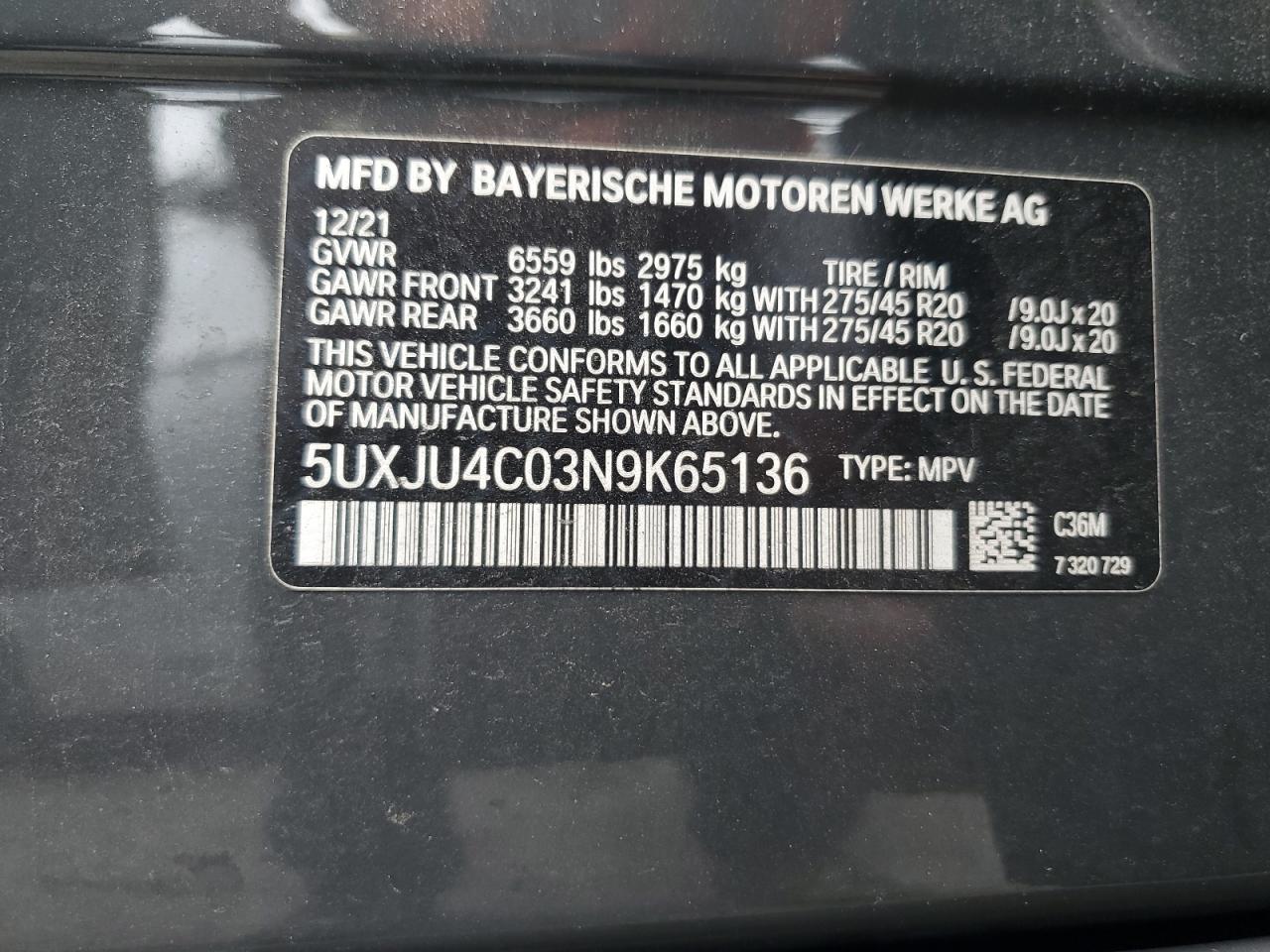 2022 BMW X5 M50I VIN: 5UXJU4C03N9K65136 Lot: 80707175