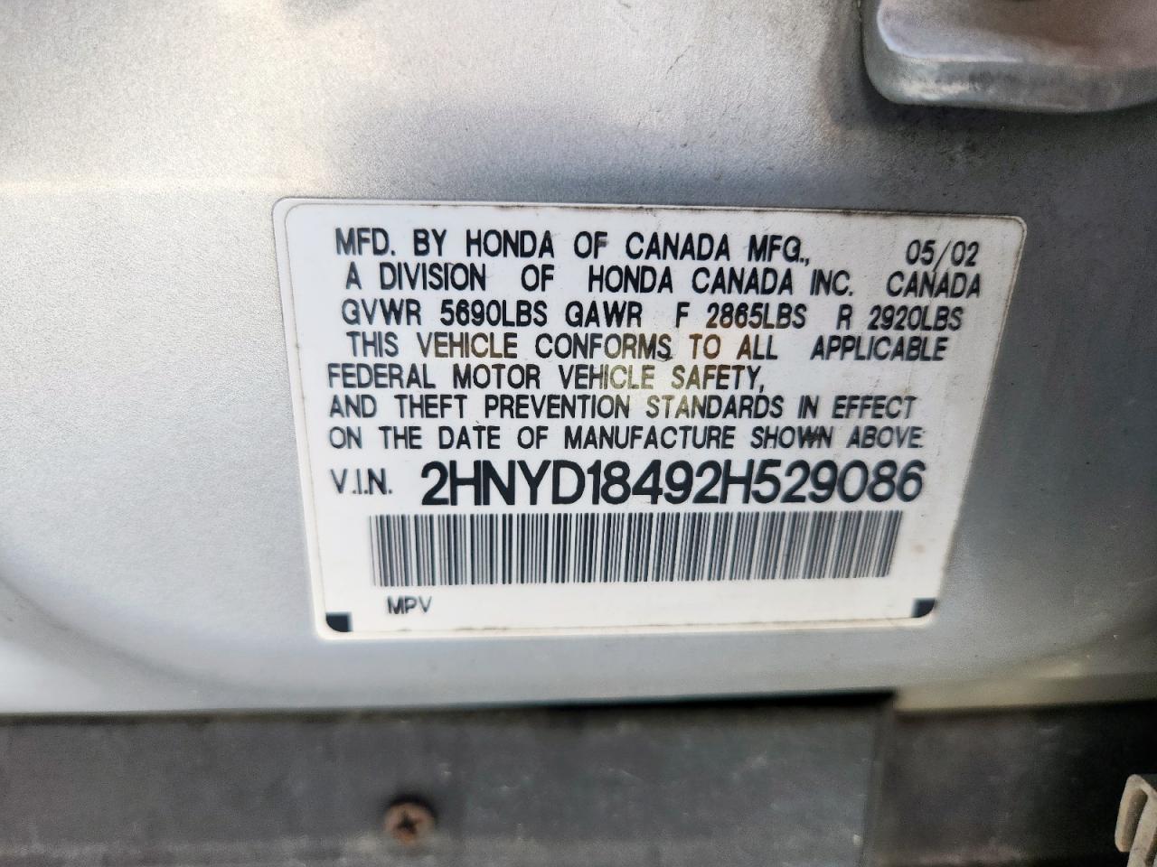 2002 Acura Mdx VIN: 2HNYD18492H529086 Lot: 80684295