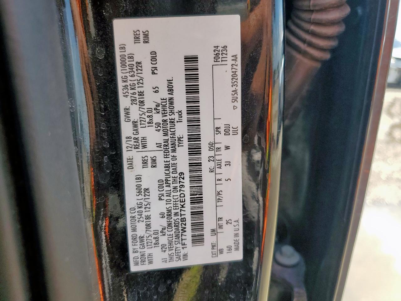 2019 Ford F250 Super Duty VIN: 1FT7W2BT7KED79729 Lot: 71099235