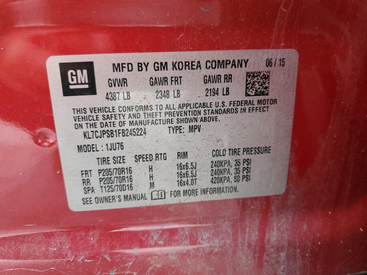 2015 Chevrolet Trax VIN: KL7CJPSB1FB245224 Lot: 80746605