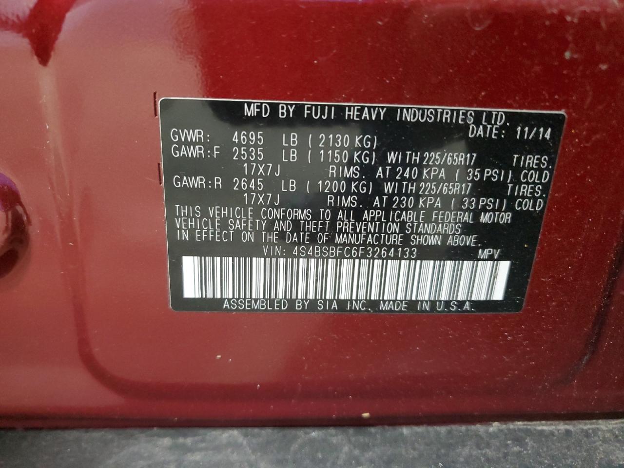 2015 Subaru Outback 2.5I Premium VIN: 4S4BSBFC6F3264133 Lot: 71913395