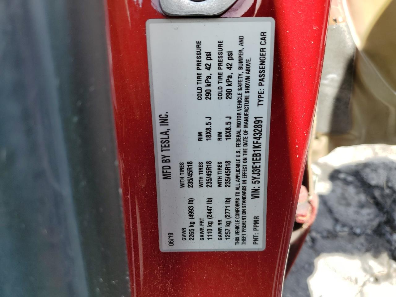 2019 Tesla Model 3 VIN: 5YJ3E1EB1KF432891 Lot: 71461695