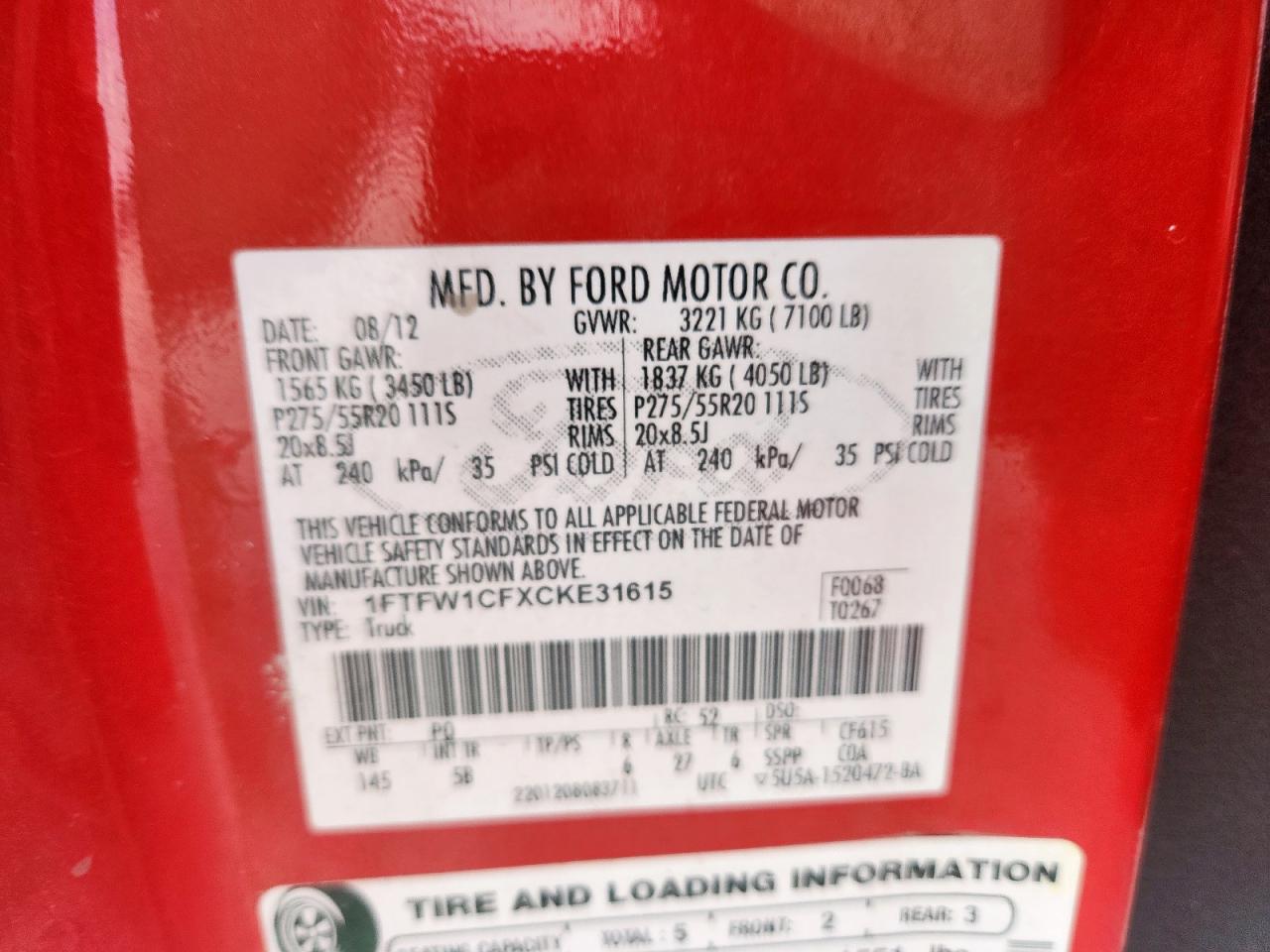 2012 Ford F150 Supercrew VIN: 1FTFW1CFXCKE31615 Lot: 81588995