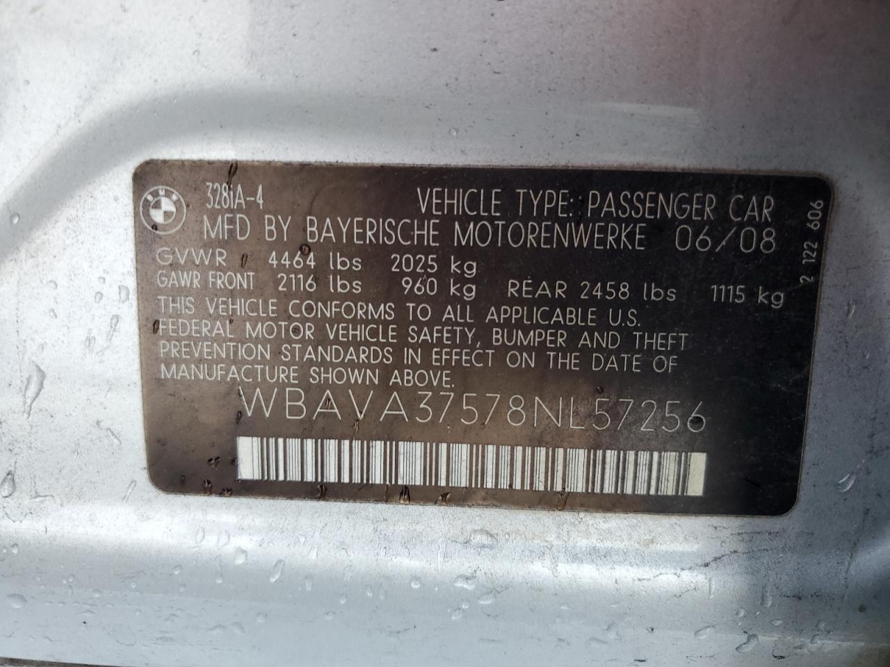 2008 BMW 328 I VIN: WBAVA37578NL57256 Lot: 84398615