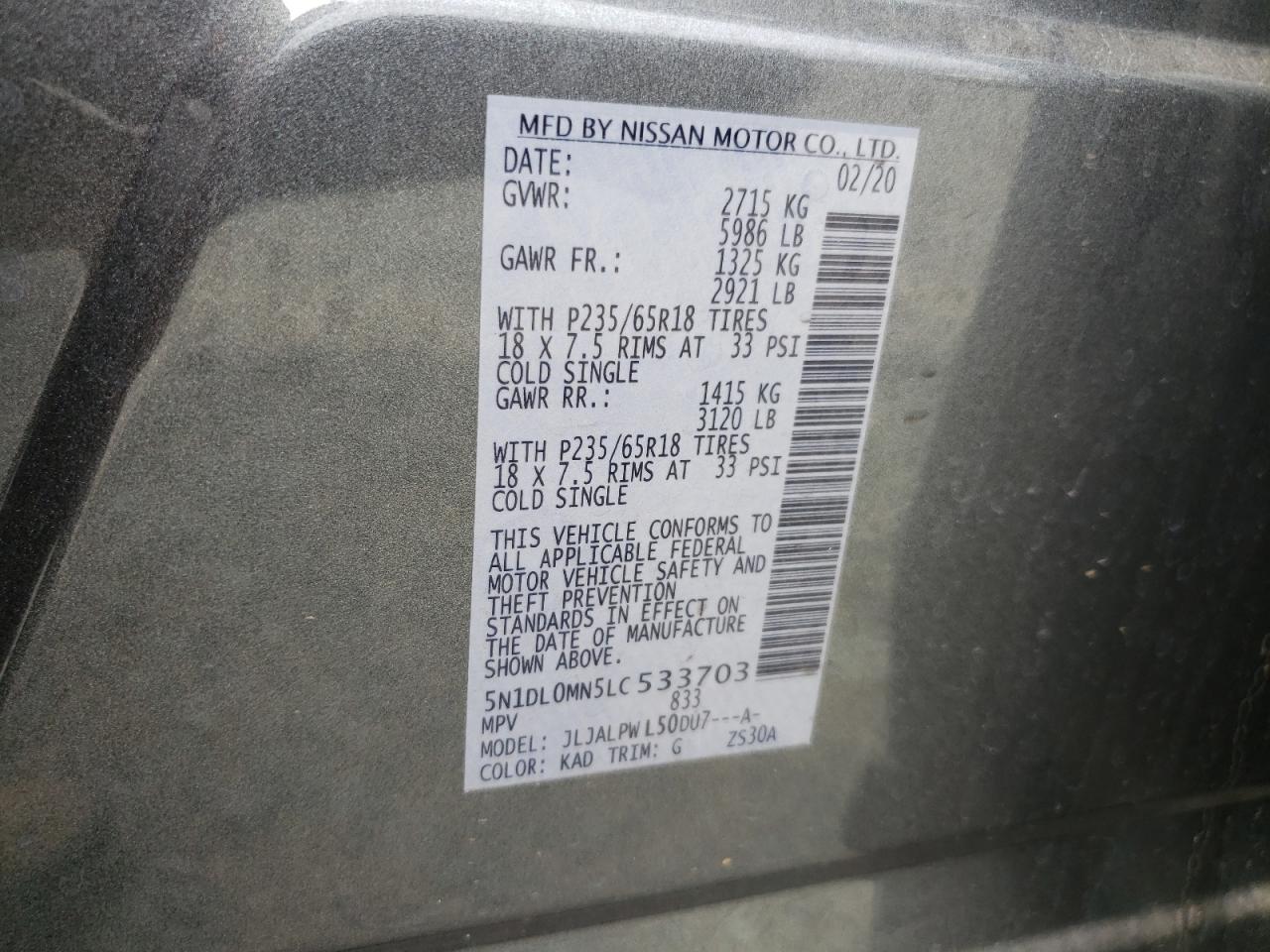 2020 Infiniti Qx60 Luxe VIN: 5N1DL0MN5LC533703 Lot: 84009265