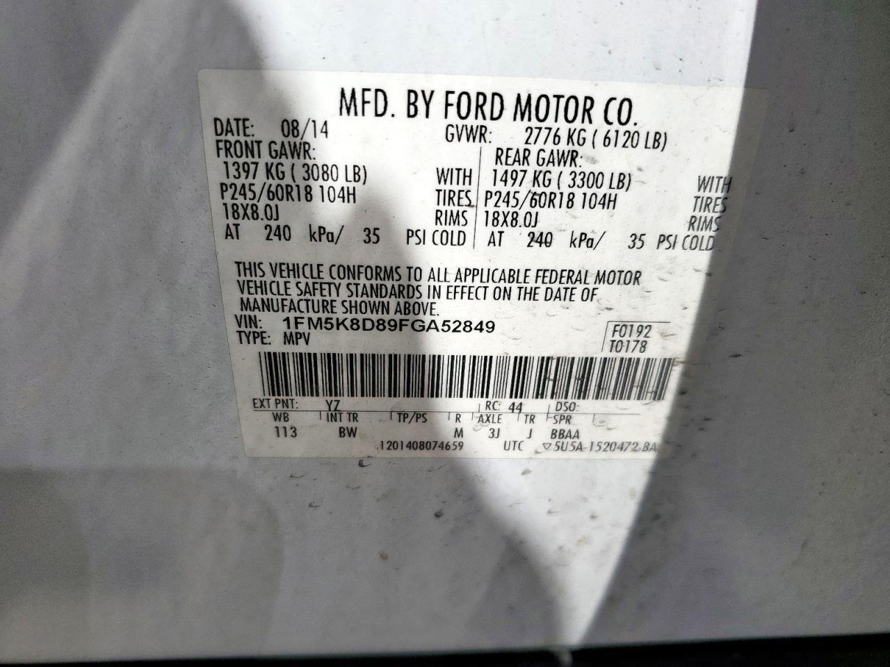 2015 Ford Explorer Xlt VIN: 1FM5K8D89FGA52849 Lot: 84469225