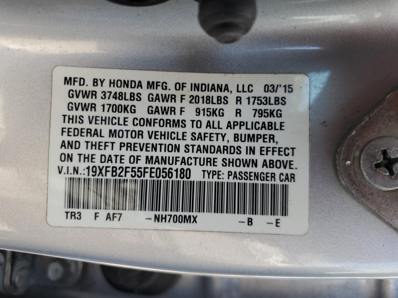 2015 Honda Civic Lx VIN: 19XFB2F55FE056180 Lot: 80634285