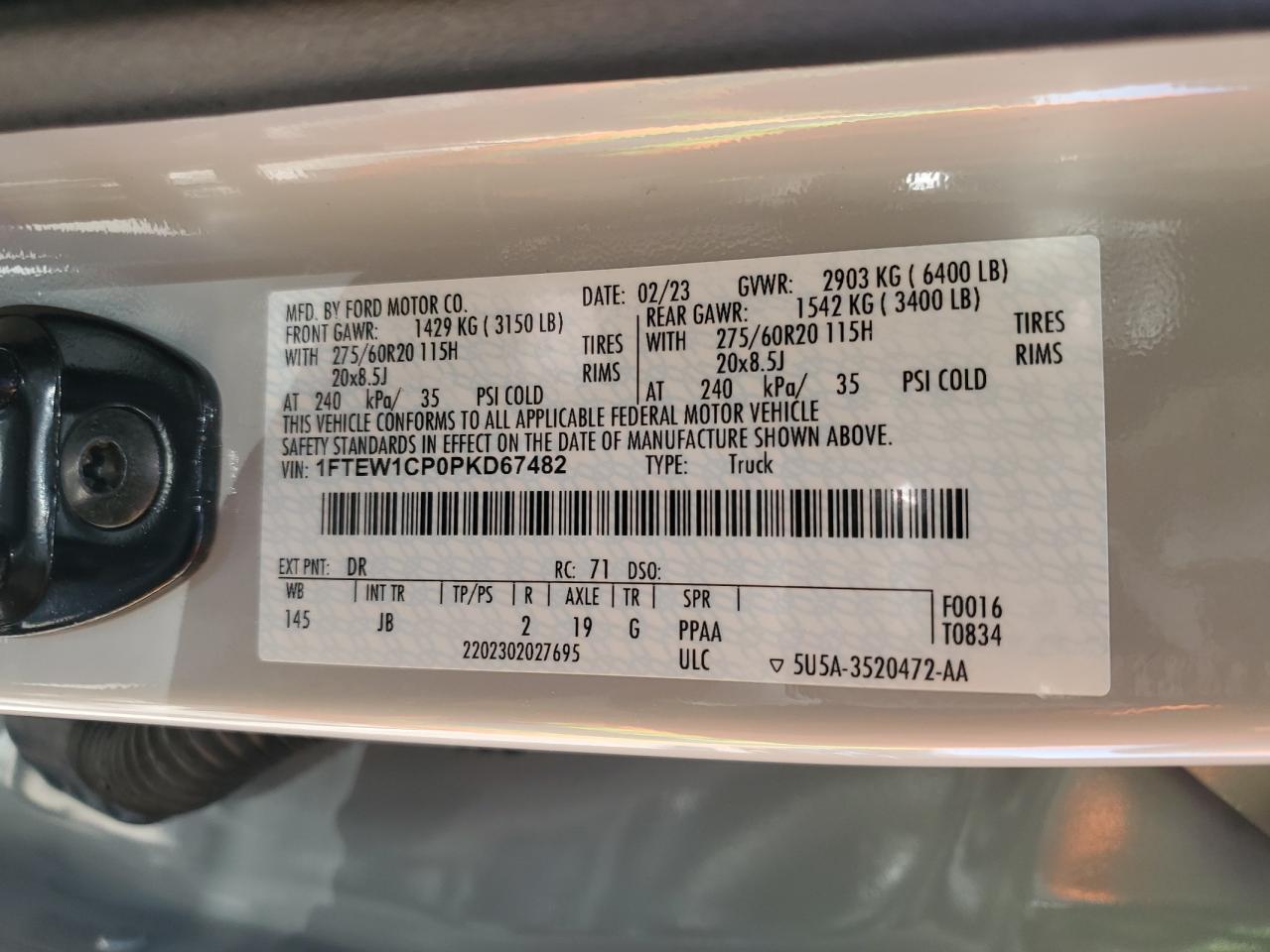 2023 Ford F150 Supercrew VIN: 1FTEW1CP0PKD67482 Lot: 83968115