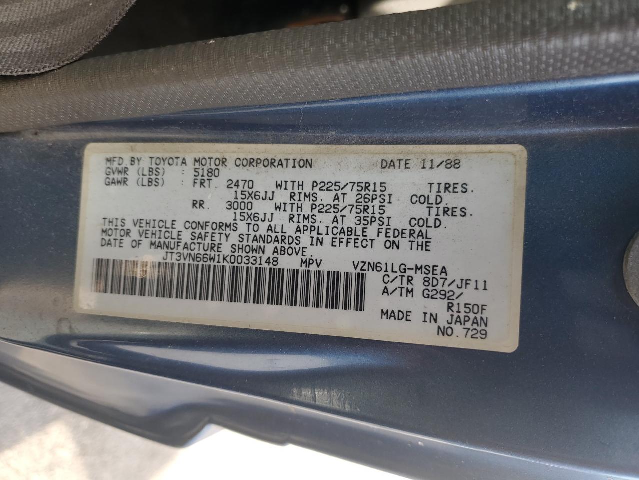 1989 Toyota 4Runner Vn66 Sr5 VIN: JT3VN66W1K0033148 Lot: 84596175