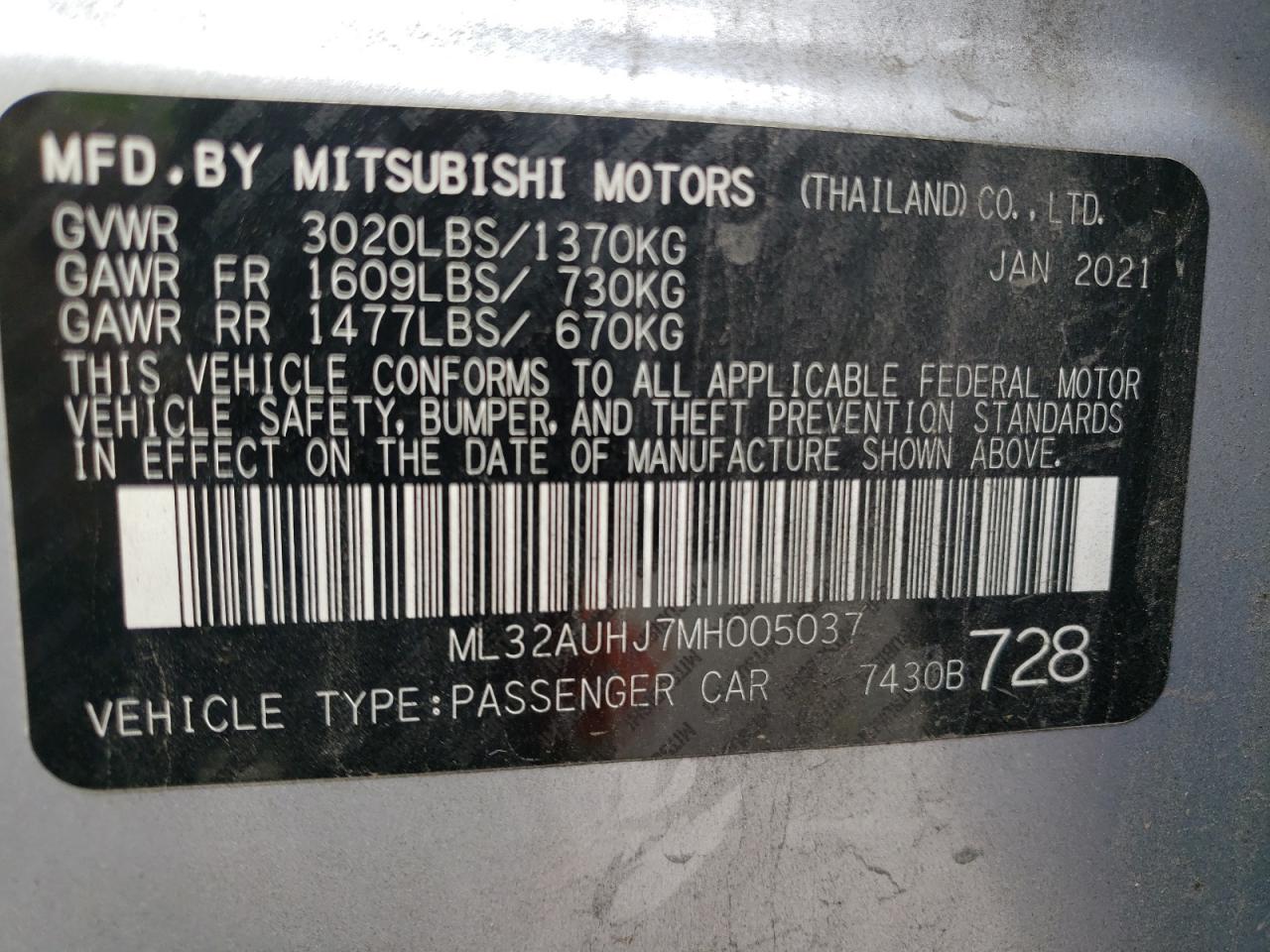 2021 Mitsubishi Mirage Es VIN: ML32AUHJ7MH005037 Lot: 82108085